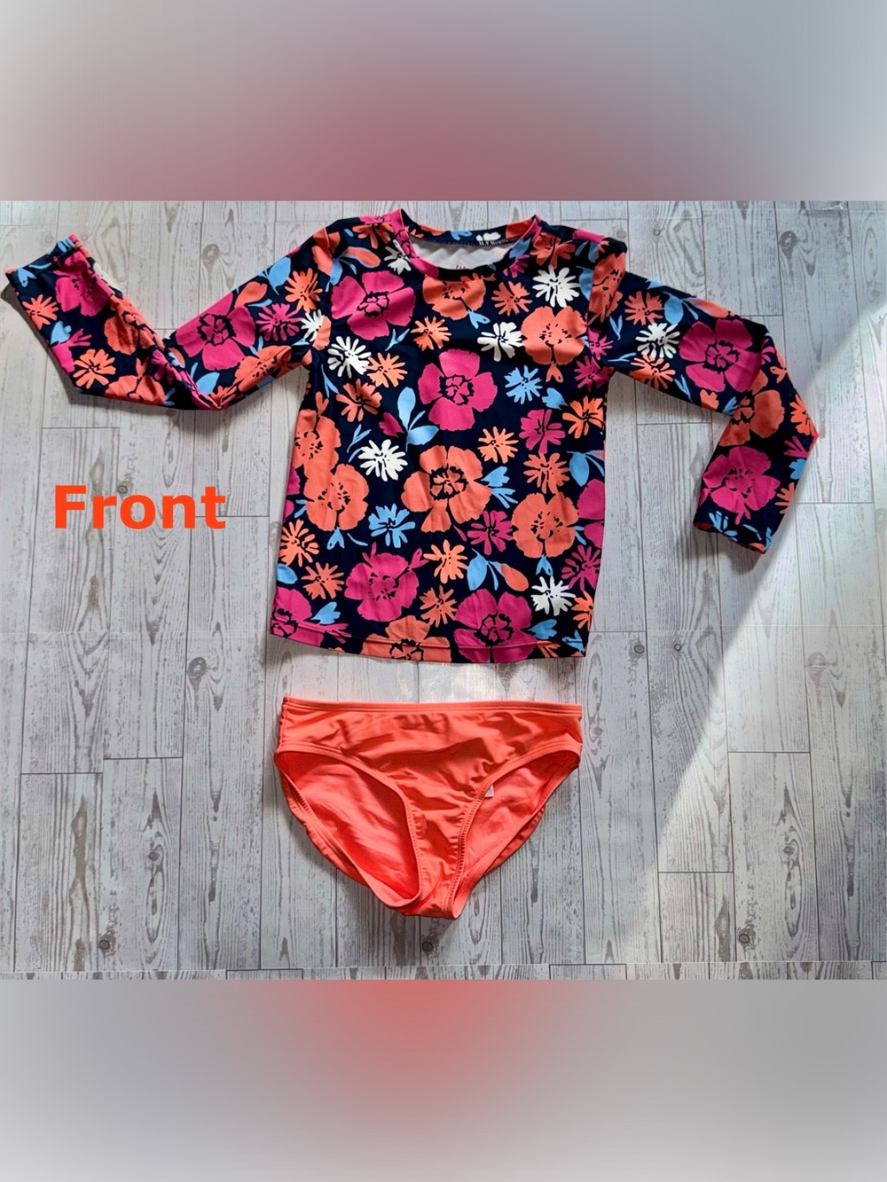 Kids Floral Long-Sleeve Rash Guard Swim Set - Navy, Coral & Pink - size Small